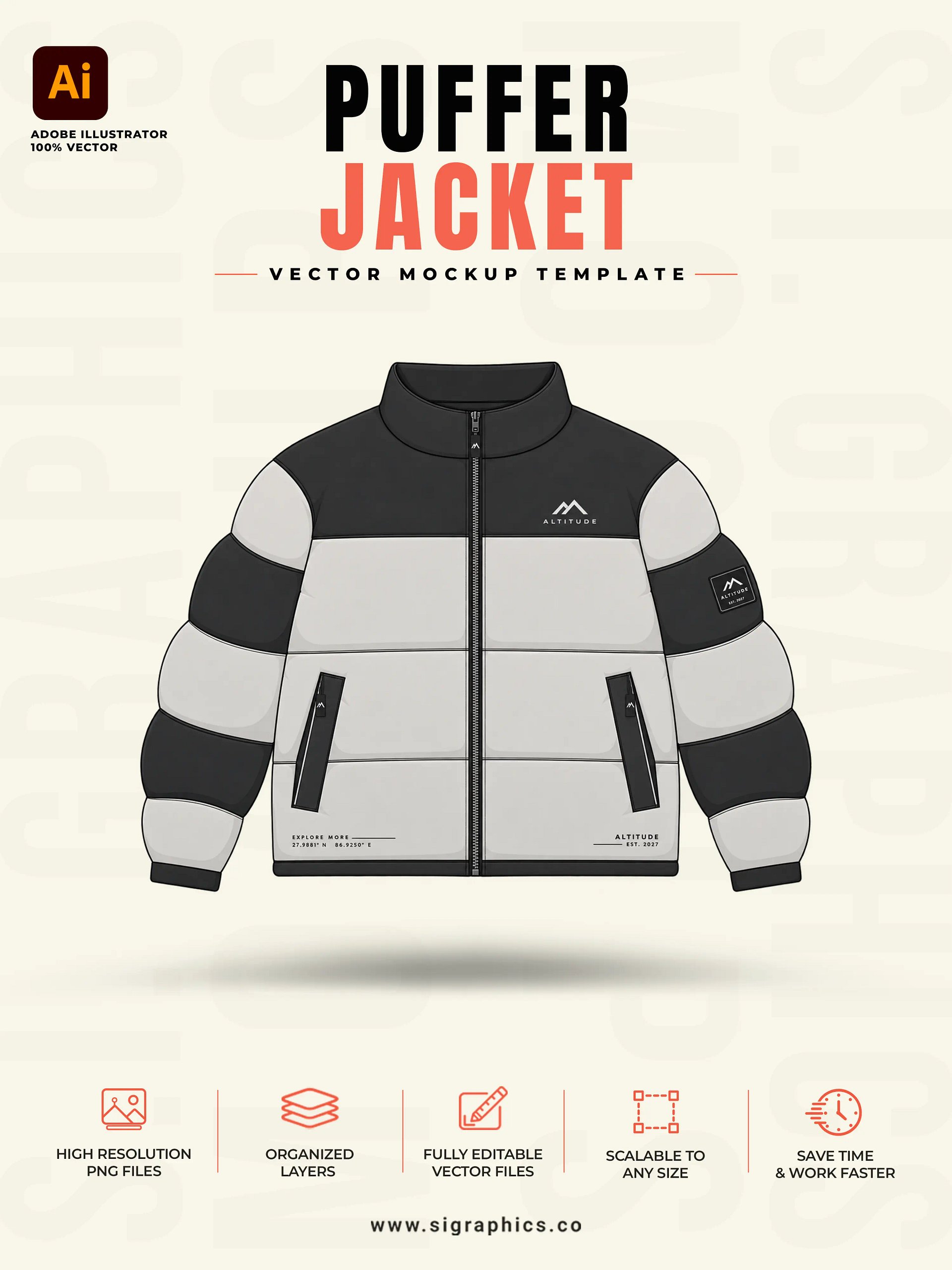 Puffer Jacket Vector Mockup Template – Front & Back Flats product image (1)