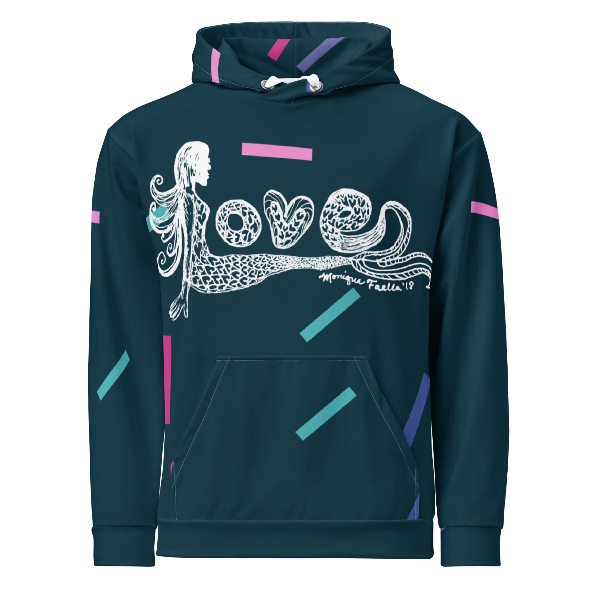 Mermaid Love | White on Dark Teal Confetti | Comfy All-Over Print Unisex Hooded Sweatshirt | Ocean-Inspired | Monique Faella Designs™ product image (1)
