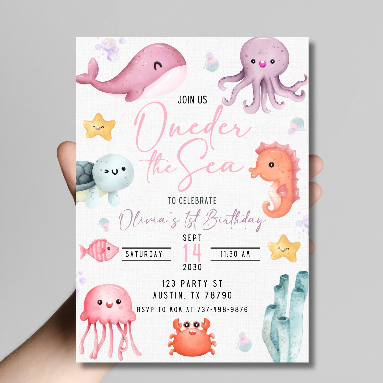 Oneder the Sea Birthday Invitation | Girl 1st Birthday Party Under the Sea | Editable Canva Template | Ocean Mermaid Sea Animals Theme product image (5)