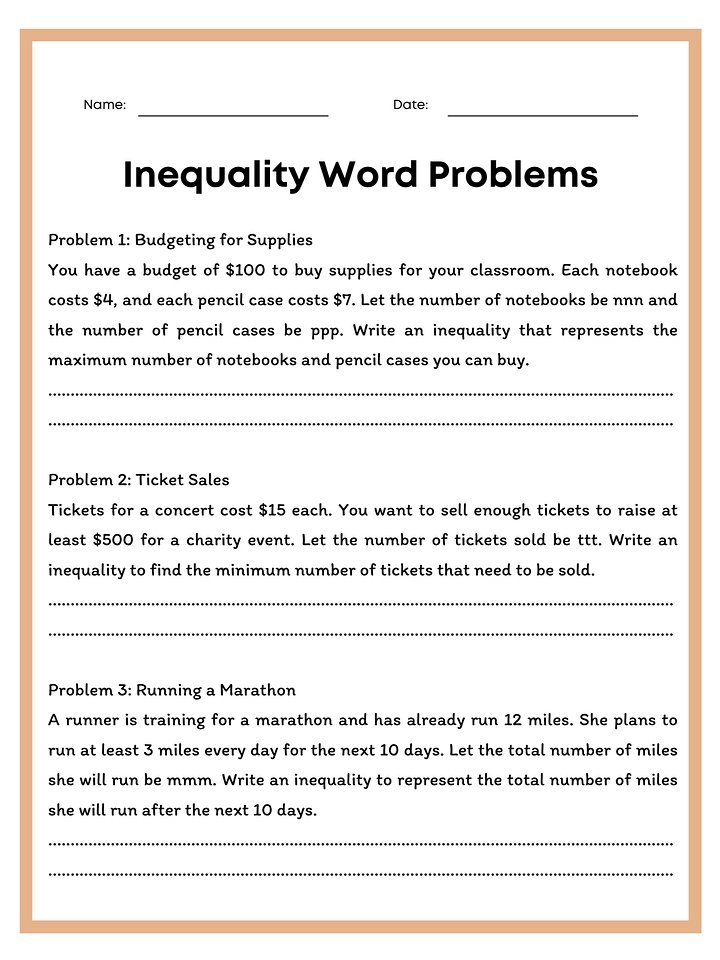 Inequality Word Problems Worksheet with Answer Key product image (1)