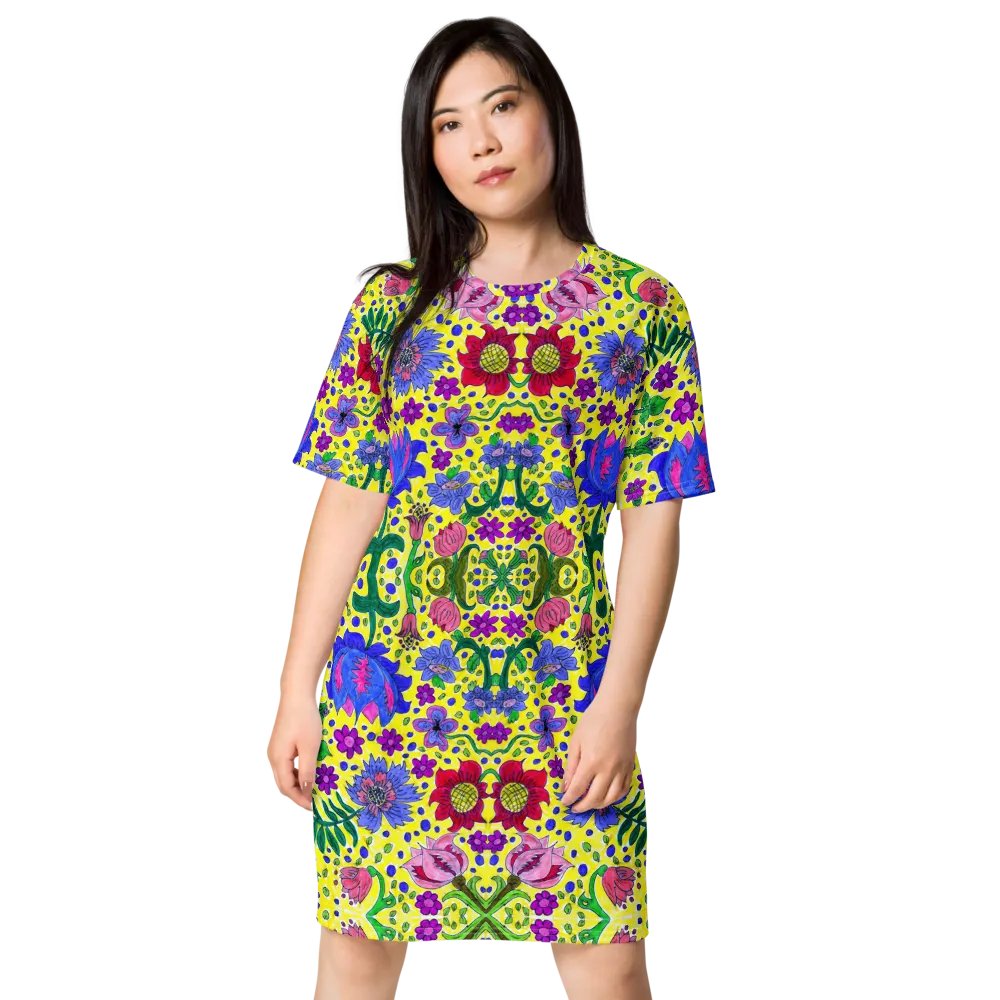 Abstract Vibrant Flower Garden Ladies T Shirt Dress product image (1)