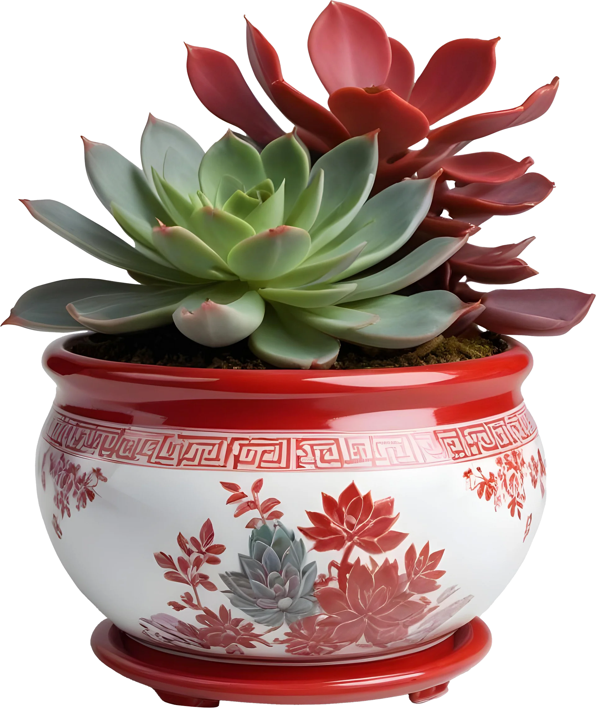 Chinese Porcelain Pot with Succulents – Red and White Décor PNG product image (1)
