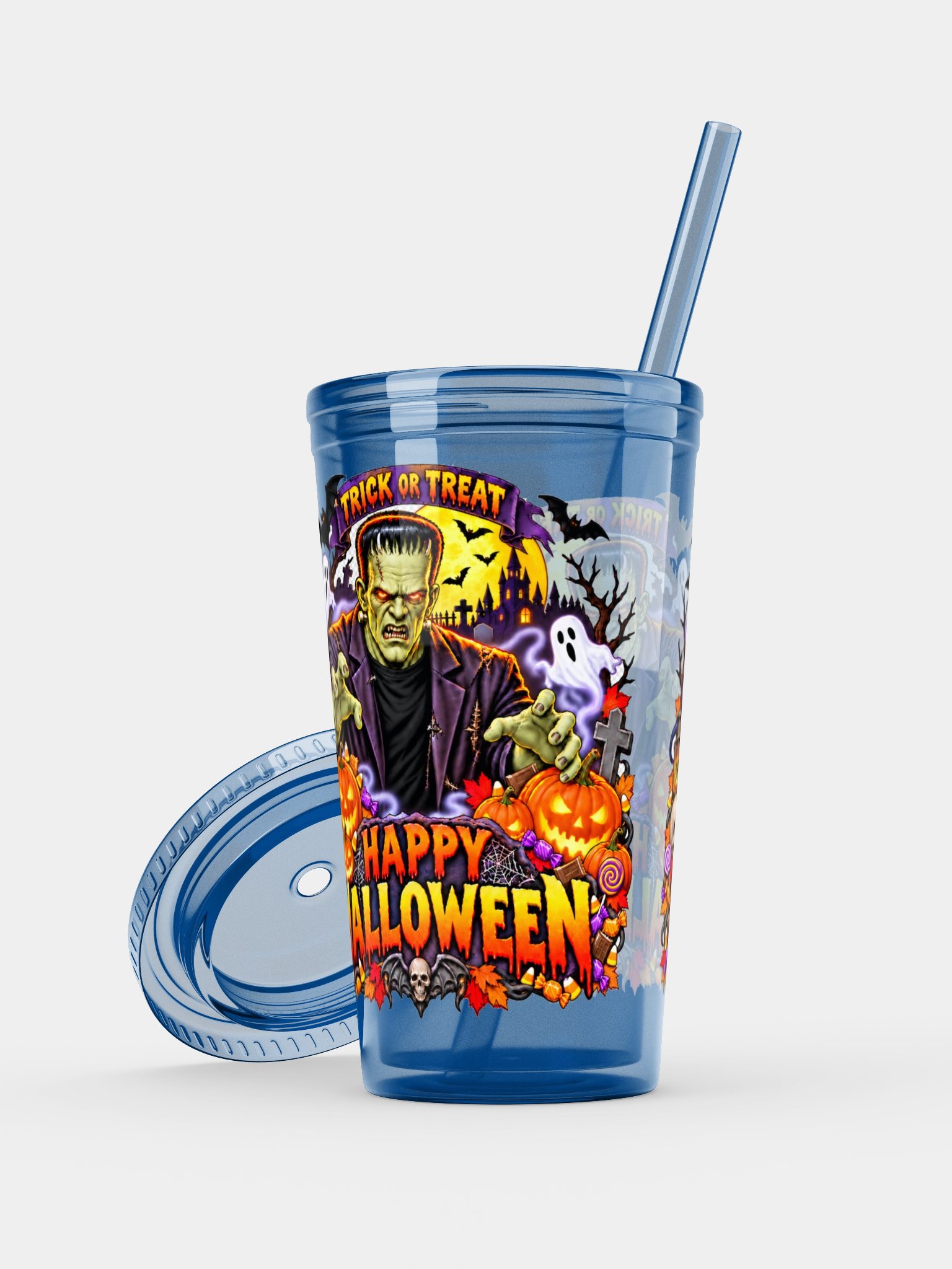 Frankenstein Happy Halloween Double Wall Clear Plastic Tumbler product image (13)