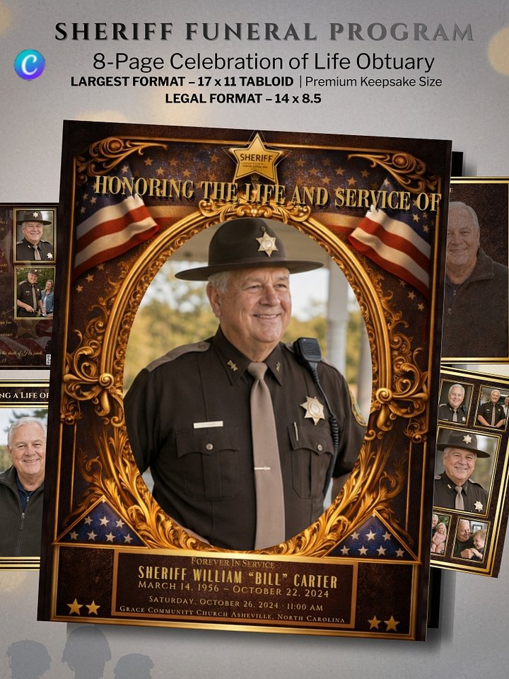 Sheriff Funeral Program Template, Editable Canva Memorial Booklet, 8-Page Celebration of Life with American Flag product image (2)