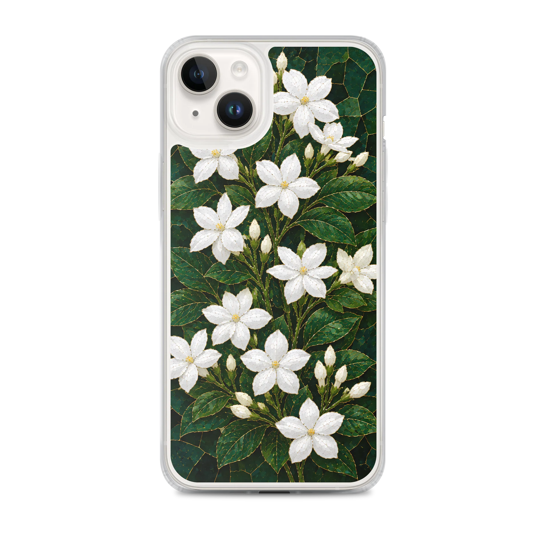 Pure White Jasmine And Dark Green Foliage Mosaic Premium Soft Silicone iPhone Case - MagSafe Compatible product image (1)
