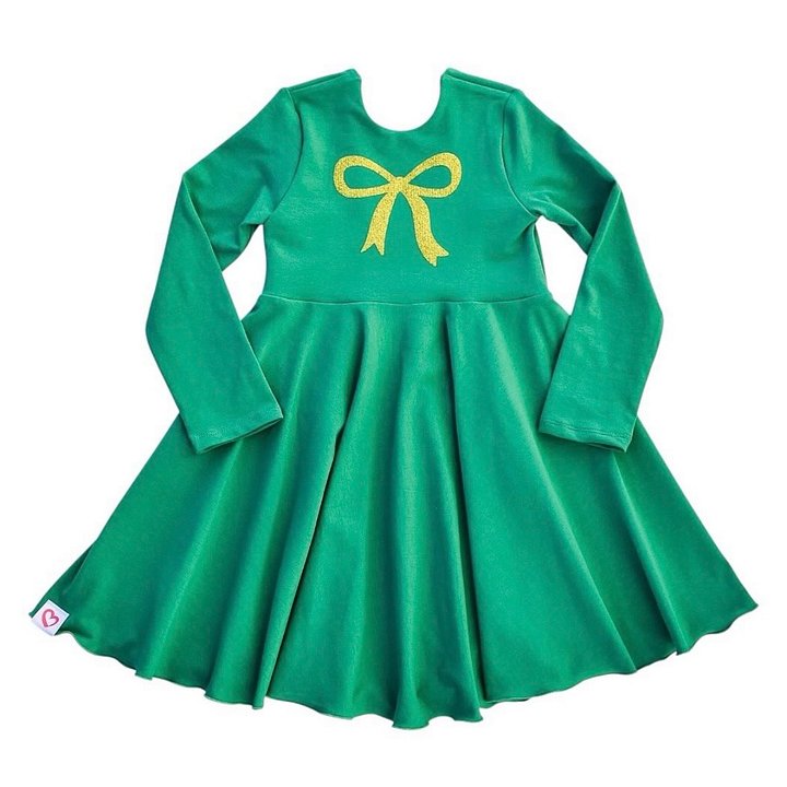 Green Gold Bow Twirl Dress Long Sleeve product image (1)