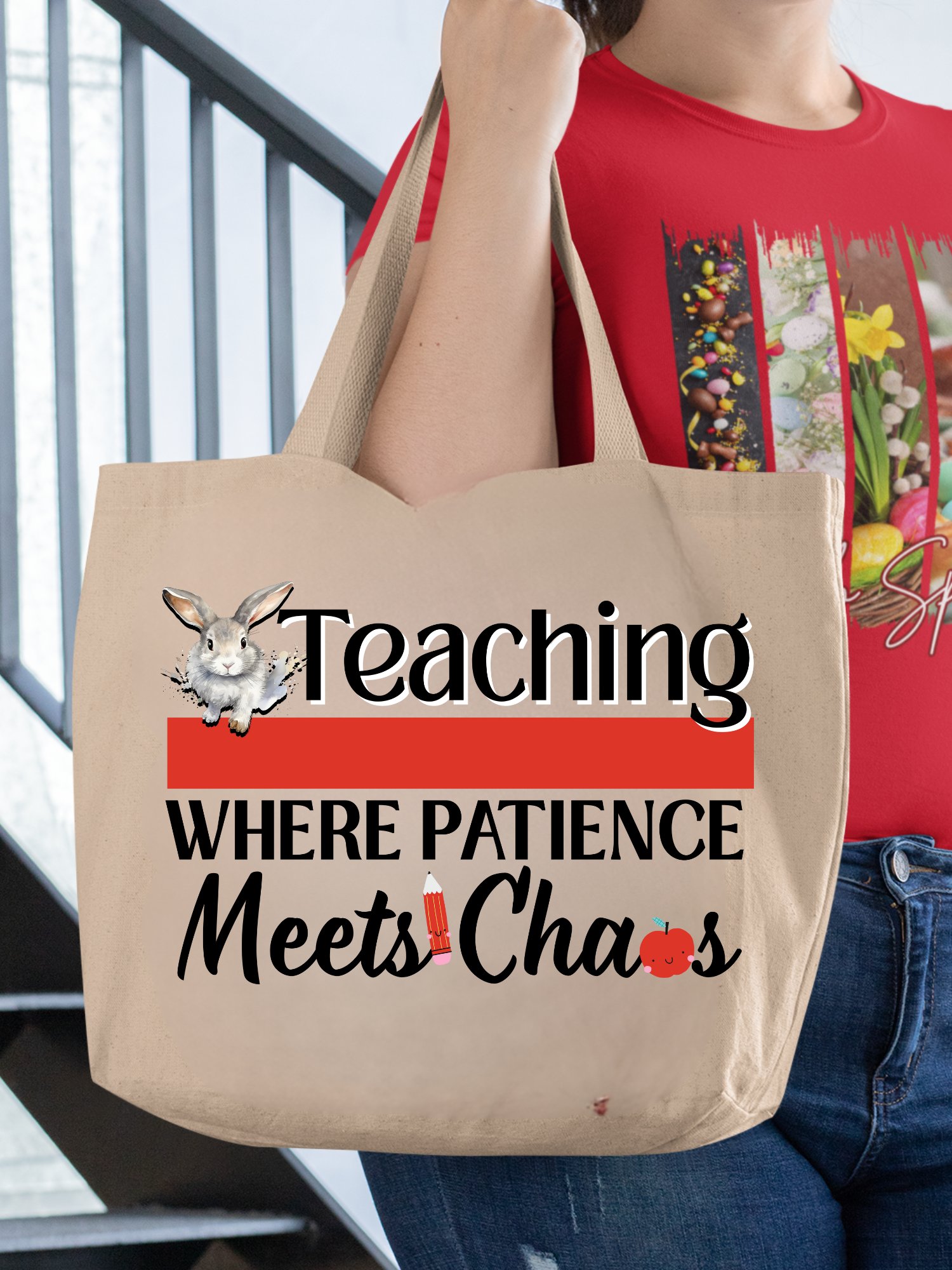 Bunny Teaching Where Patience Meets Chaos, Teacher Eco Tote Bag - Cream product image (1)