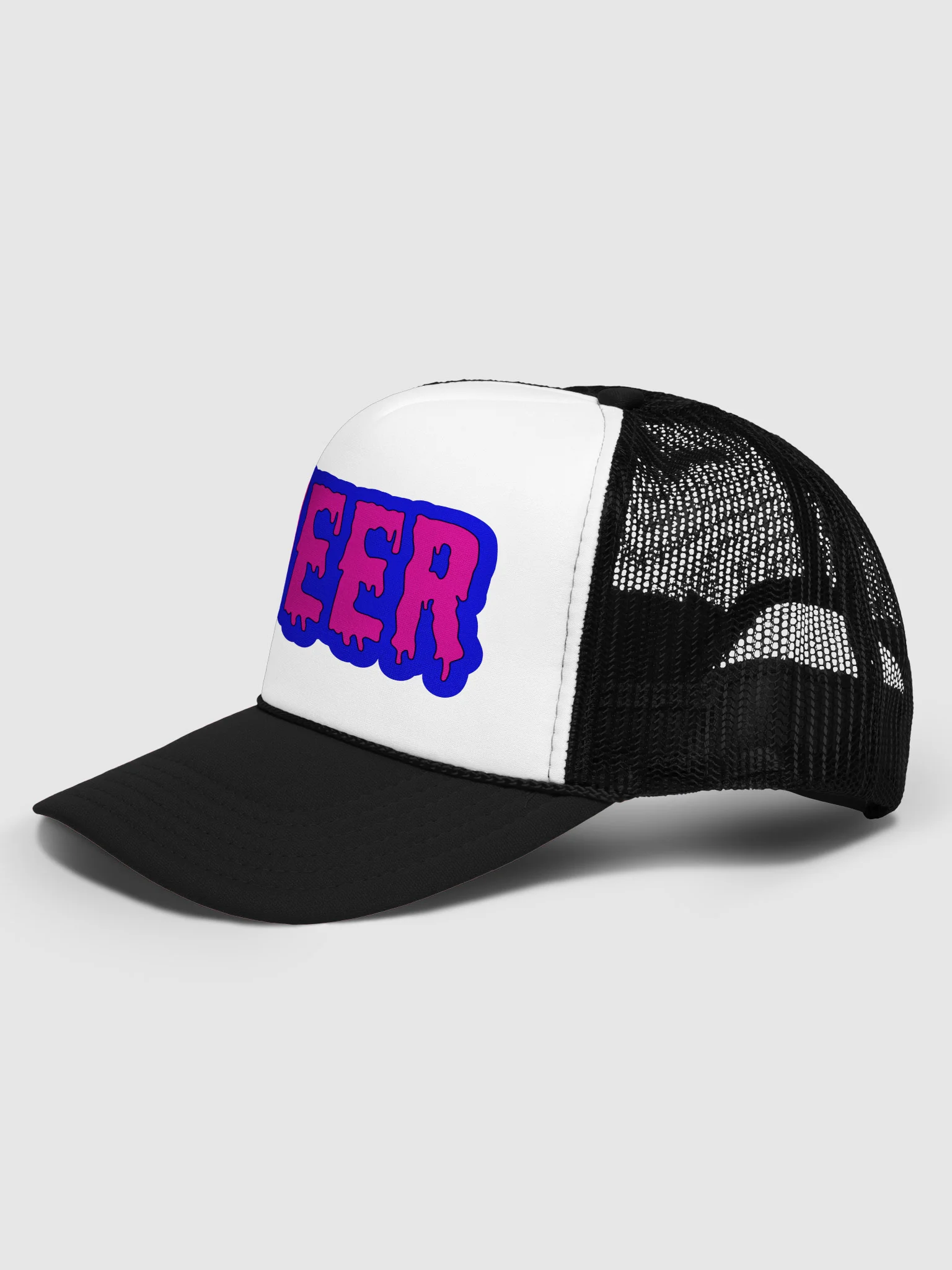 Queer Pride Trucker Cap, LGBTQIA+ Art Festival Fashion, Rad Retro Style Hat, Hot Pink Blue Cotton Candy Color Creepy Dripping Design product image (2)