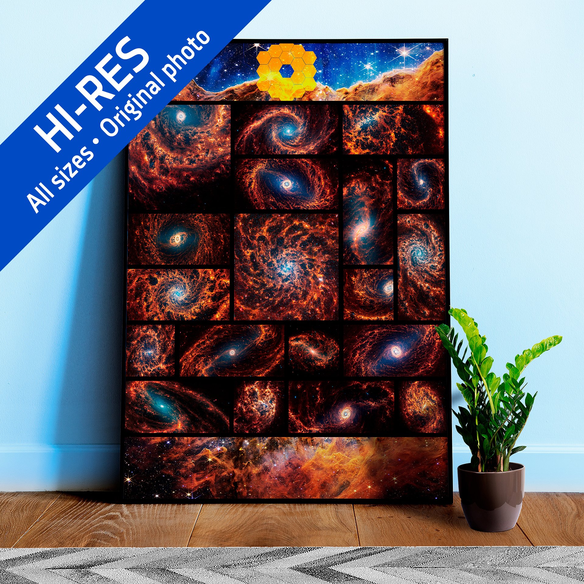 19 Spiral Galaxies + Cosmic Cliffs, Carina Nebula (James Webb/JWST) — space poster product image (1)