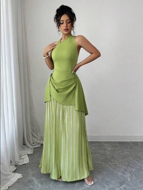 Green Halter Maxi Dress — Elegant A-Line High Waist Pleated Dress product image (3)
