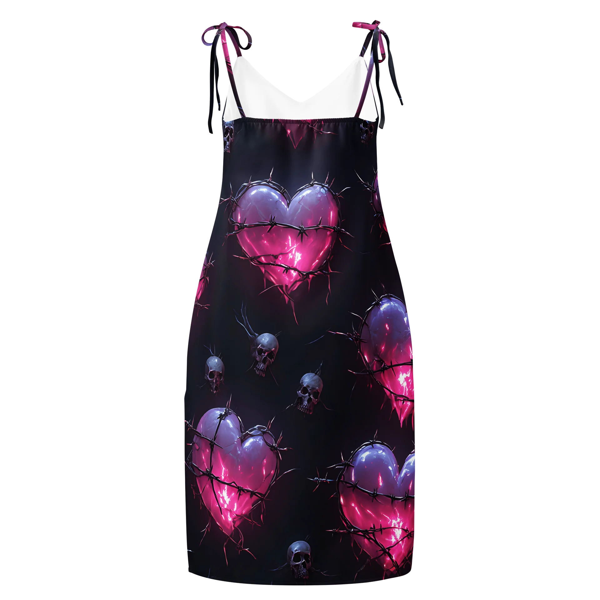 Neon Barbed Heart Skull Midi Slip Dress - Glow Pink Shattered Hearts Chiffon Halter Dress with Slit product image (2)