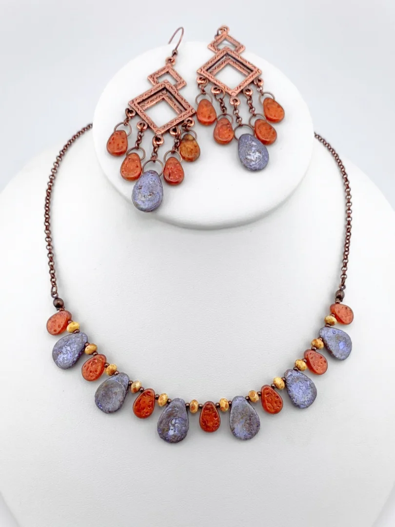 Blue and Copper Teardrop Collar Necklace and Chandelier Earrings Set product image (1)