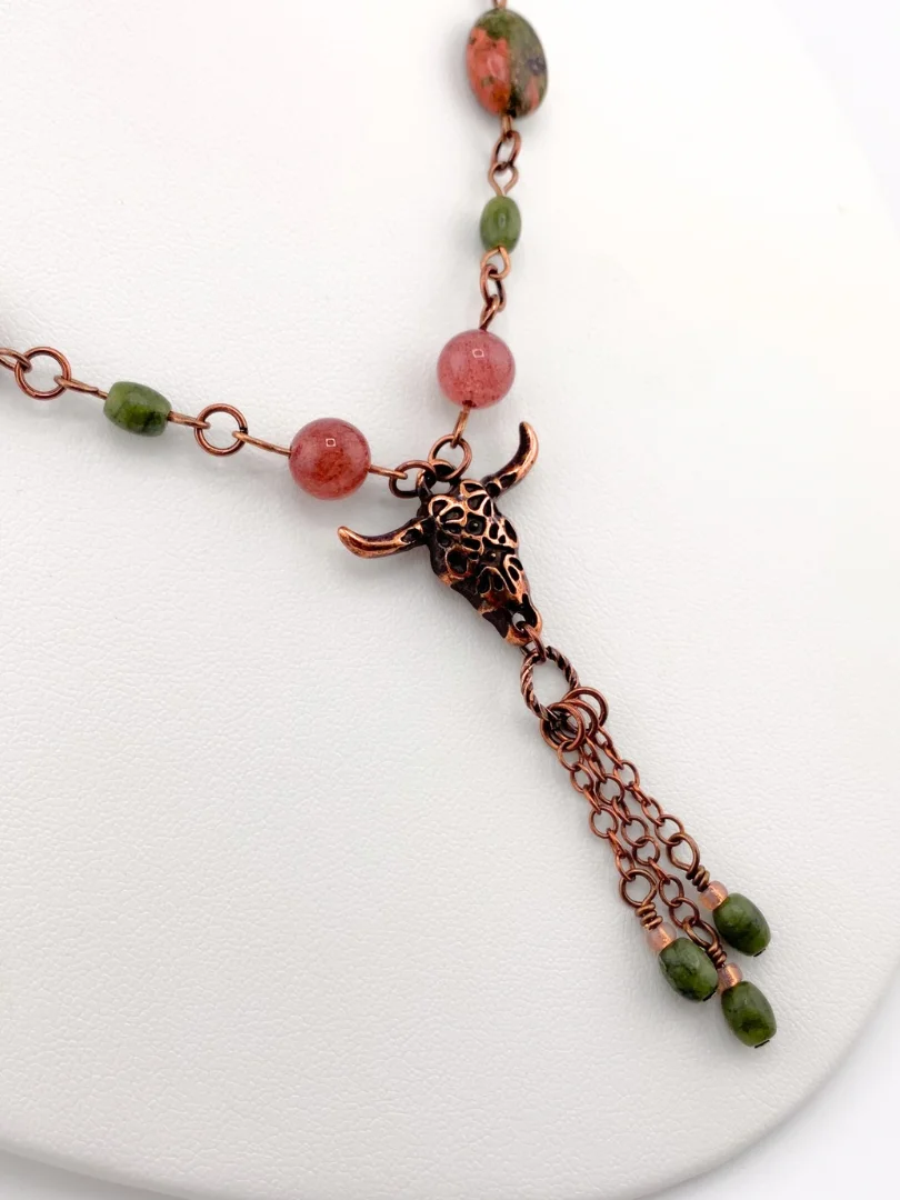 Unakite, Strawberry Quartz, Rhodonite, and Copper Bull’s Head Fringe Necklace and Earrings Set product image (2)