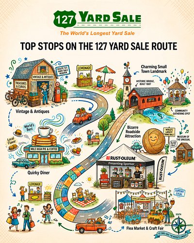 Hit the road for an unforgettable adventure at the 127 Yard Sale!

From vintage treasures and quirky diners to small-town cha...
