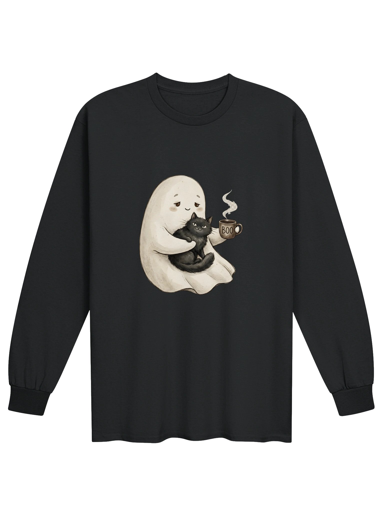 Cozy Ghost & Black Cat Halloween Shirt product image (2)