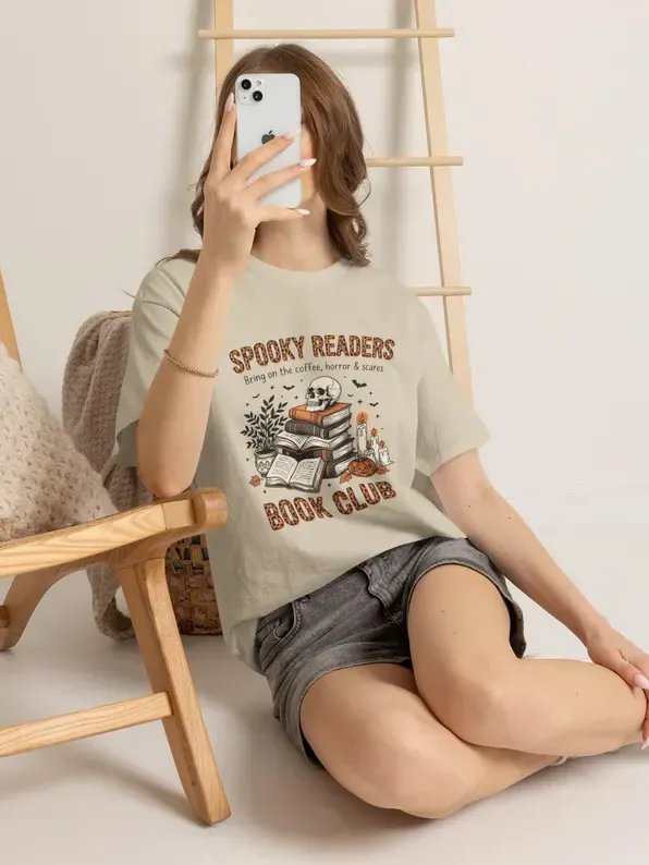 Spooky Readers Book Club T-Shirt | Halloween Reading Stack, Skull & Pumpkins product image (105)