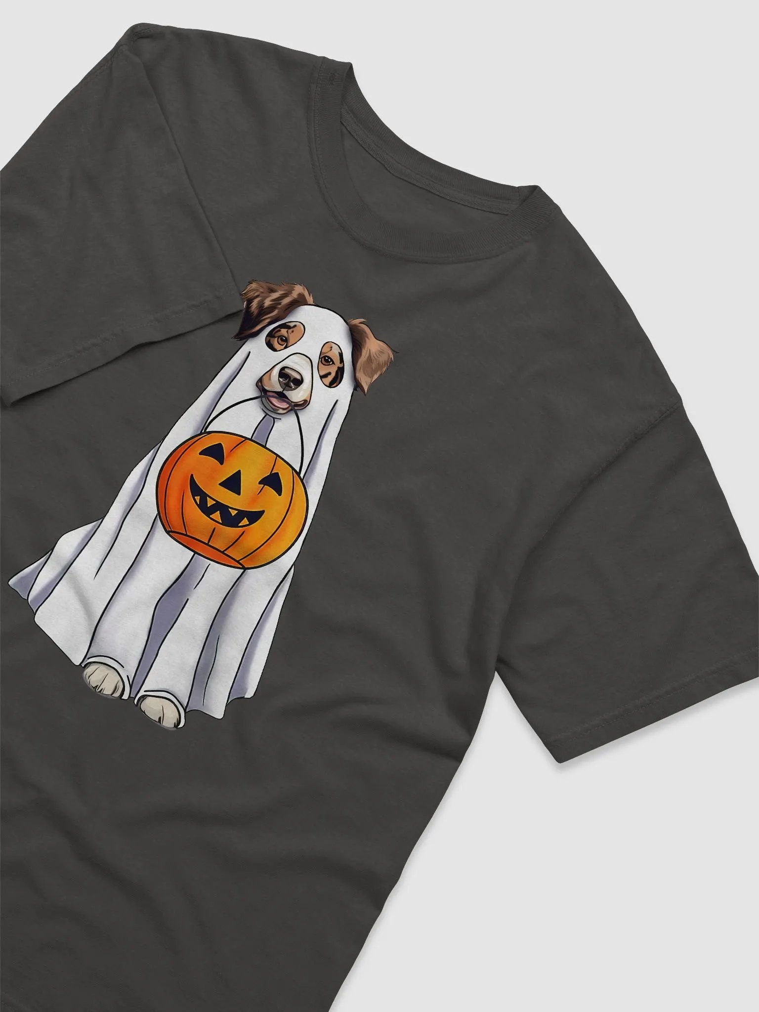 Australian Shepherd(Red Merle) Halloween Tee | Funny Halloween Aussie Wearing a Ghost Costume & Pumpkin Basket product image (3)