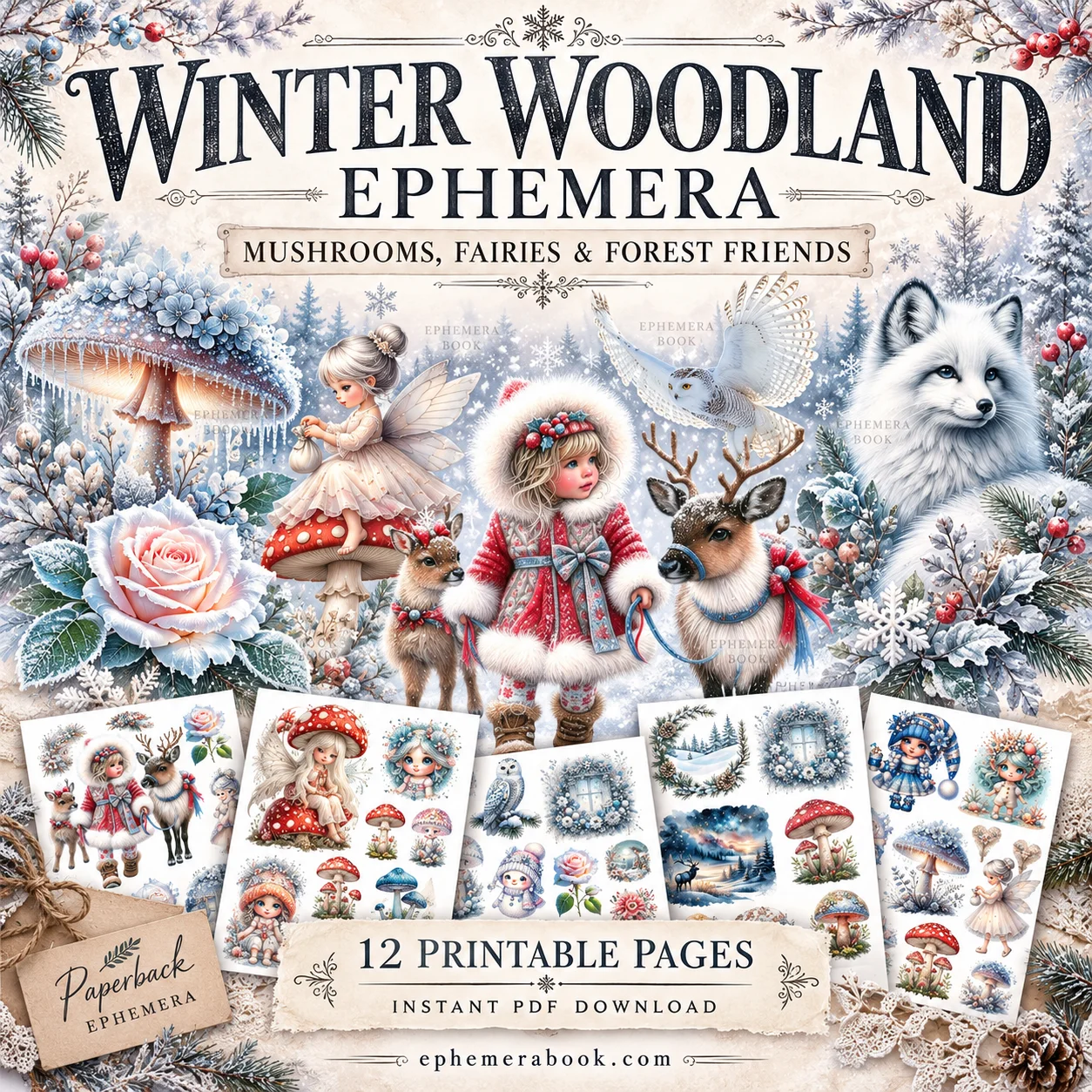 Winter Woodland Ephemera Printable PDF | 12 Junk Journal Pages product image (1)