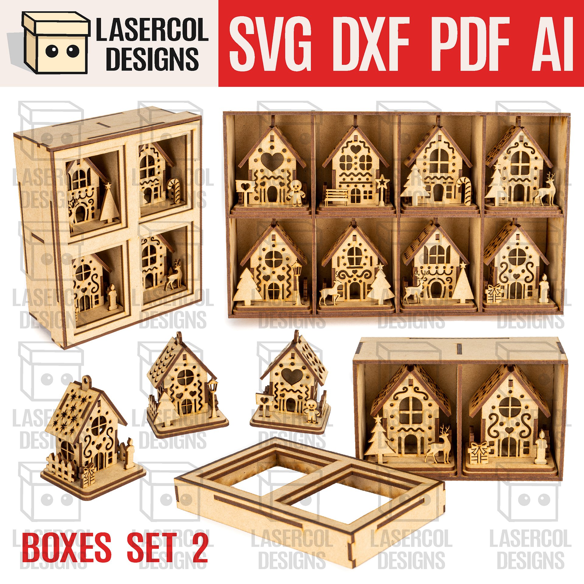 Christmas Houses Ornaments Boxes Set 2 (8 Houses Styles) - Laser Cut Files product image (1)