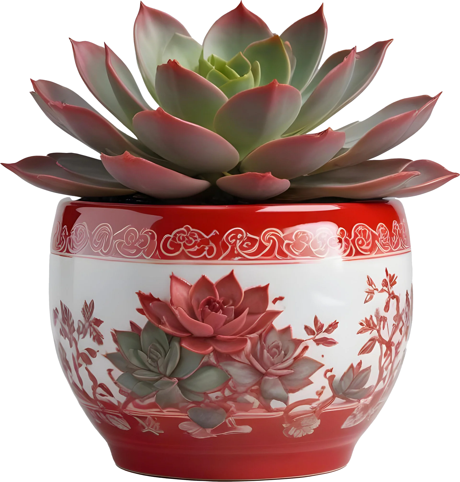 Chinese Porcelain Pot with Succulent – Red and White Floral Design PNG product image (1)