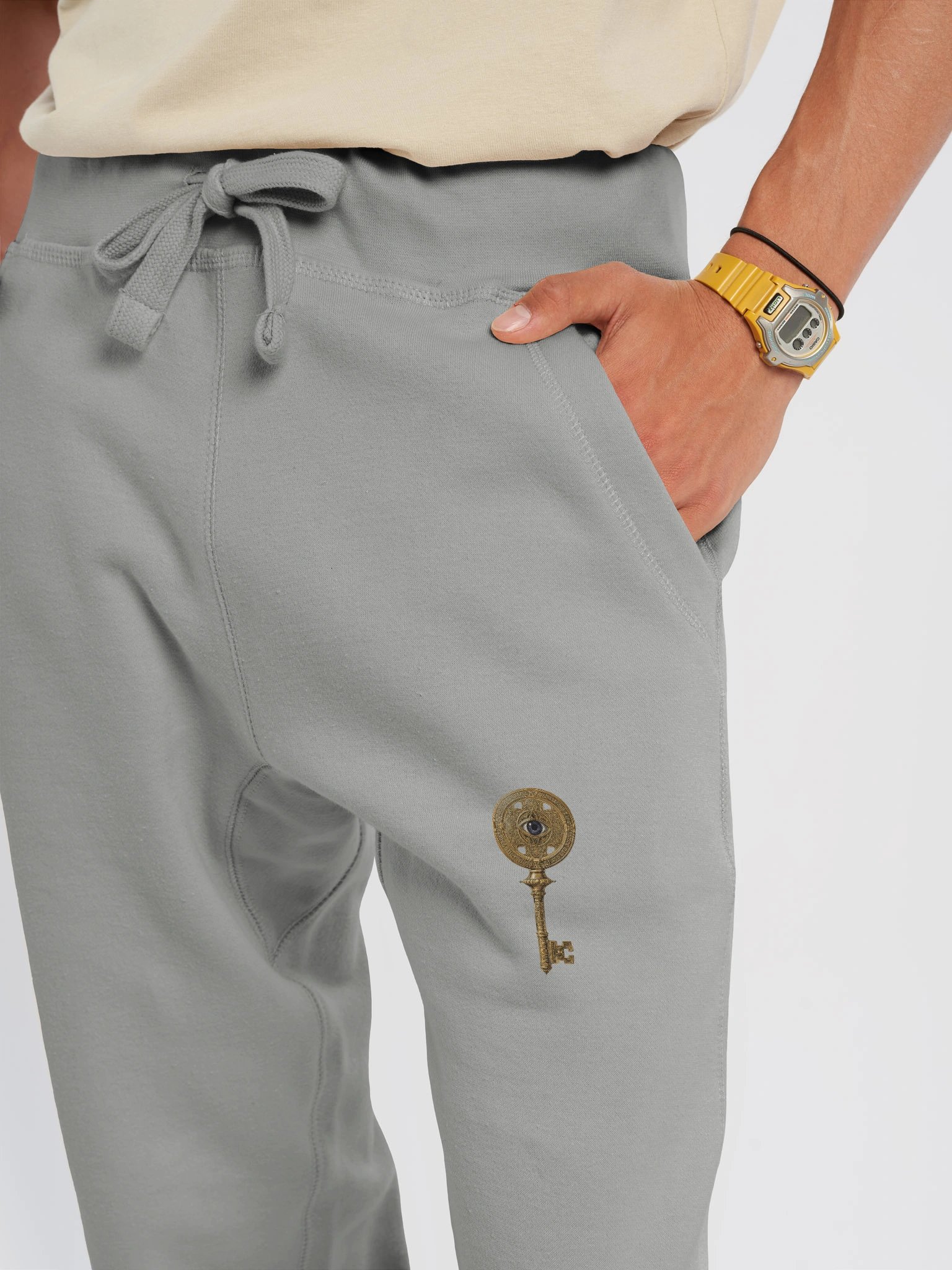 The Gatekeeper’s Key Fleece Joggers – Diagonal Dual Leg Print | Heather Grey | product image (4)