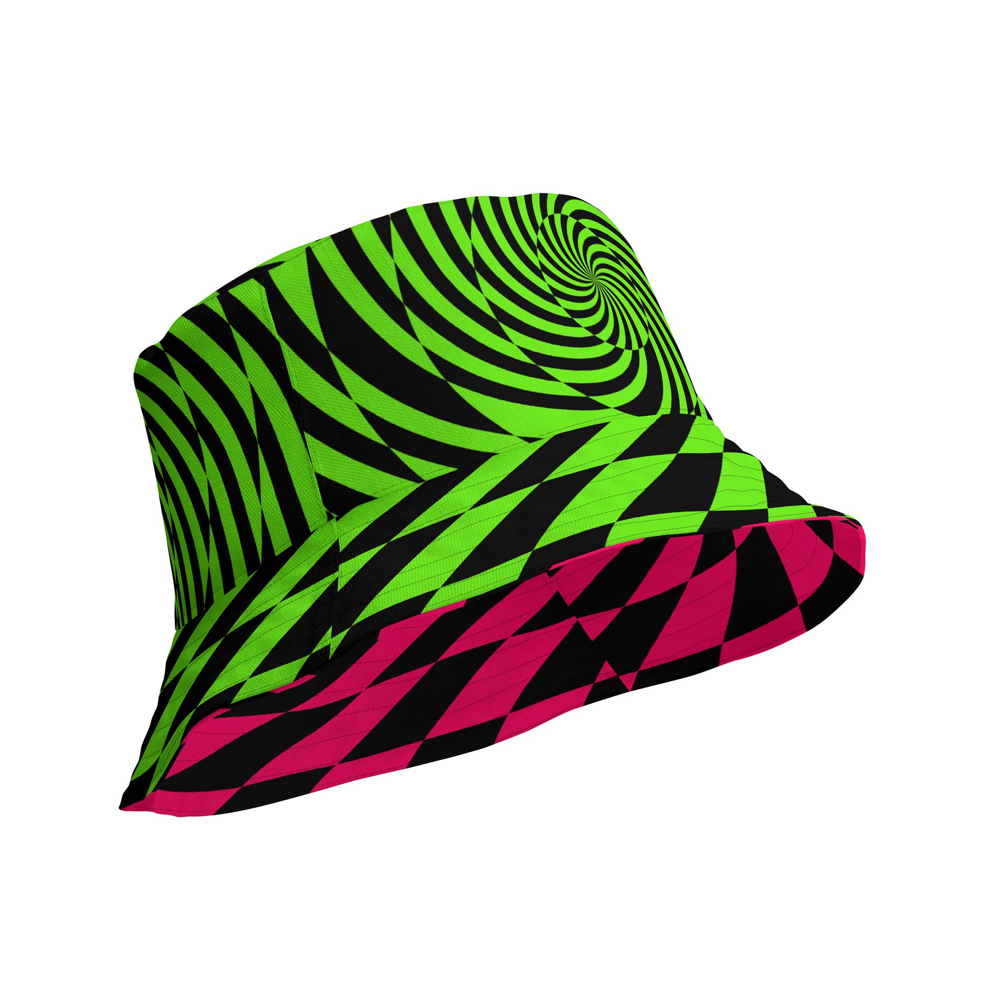 Psychedelic Spirals Rave Reversible Bucket Hat, Trippy EDM Festival Accessory, Black Neon Green Pink Checkers Techno Dance Party Fashion product image (2)