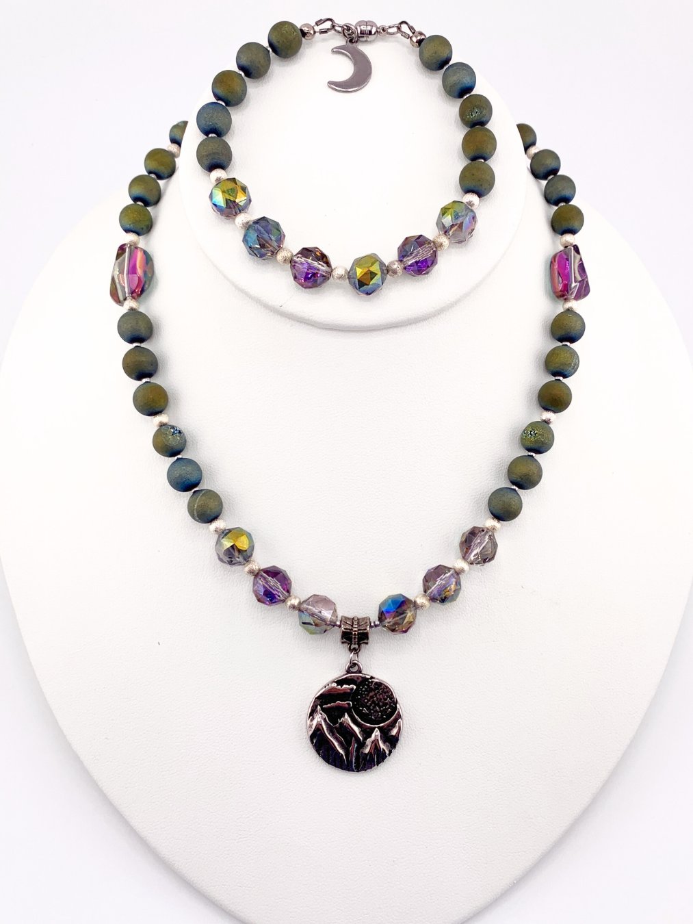 Mountain Scene Druzy Agate and Crystal Pendant Necklace, Bracelet, and Earrings Set product image (2)