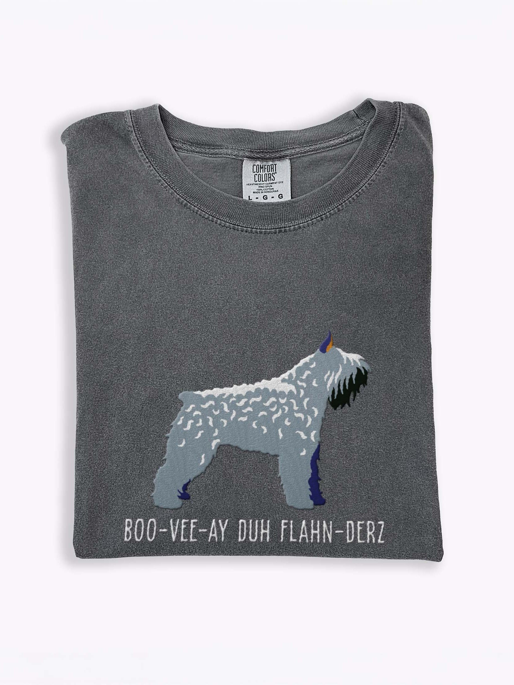 Boo-Vee-Ay Duh Flahn-Derz T-Shirt(Embroidered) of a Bouvier des Flandres(Gray, Cropped Ears) product image (1)