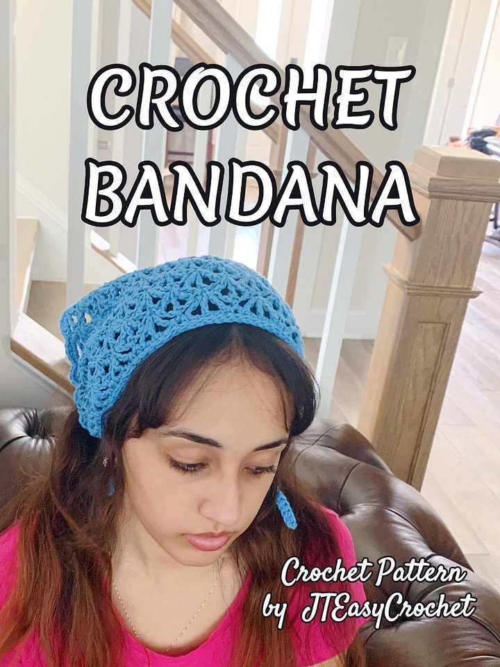 Blue Bandana Pattern Crochet Gift Boho Style Romantic Adult Kid Dog Kerchief Head Scarf product image (2)