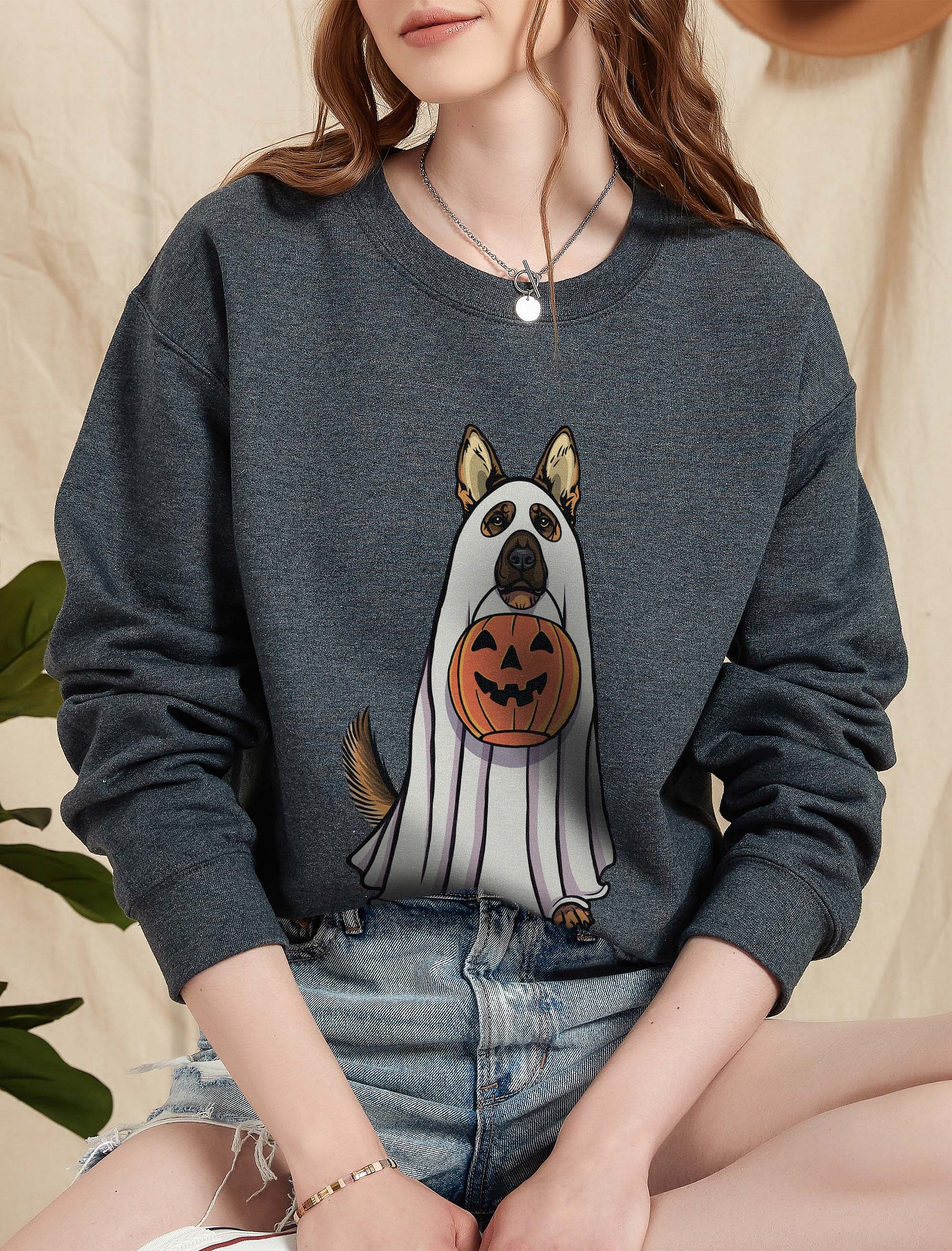 Funny Halloween German Shepherd Sweatshirt | Funny GSD Wearing a Ghost Costume and Holding a Pumpkin Basket product image (2)