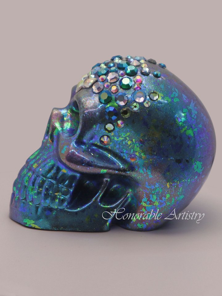 Blue-Green Colorshift Rhinestone Resin Skull product image (2)