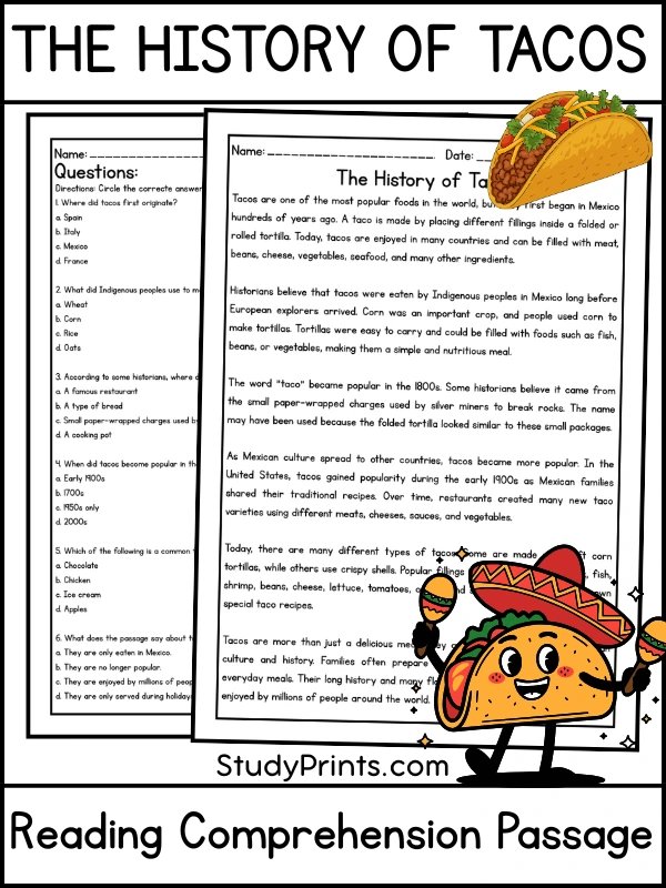 The History of Tacos Reading Comprehension Passage and Questions | Printable PDF product image (1)