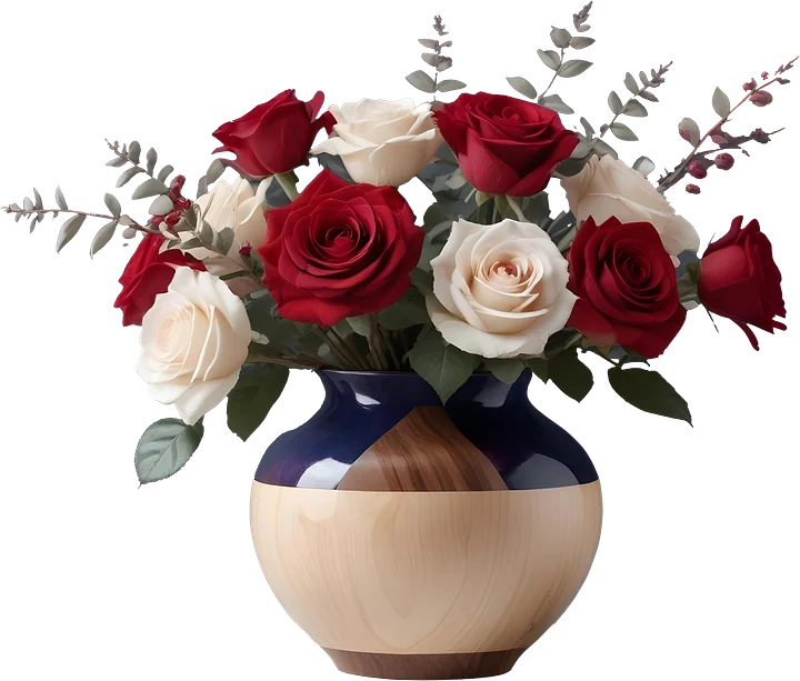 Dual-Tone Wood and Blue Vase with Red and White Roses PNG product image (1)