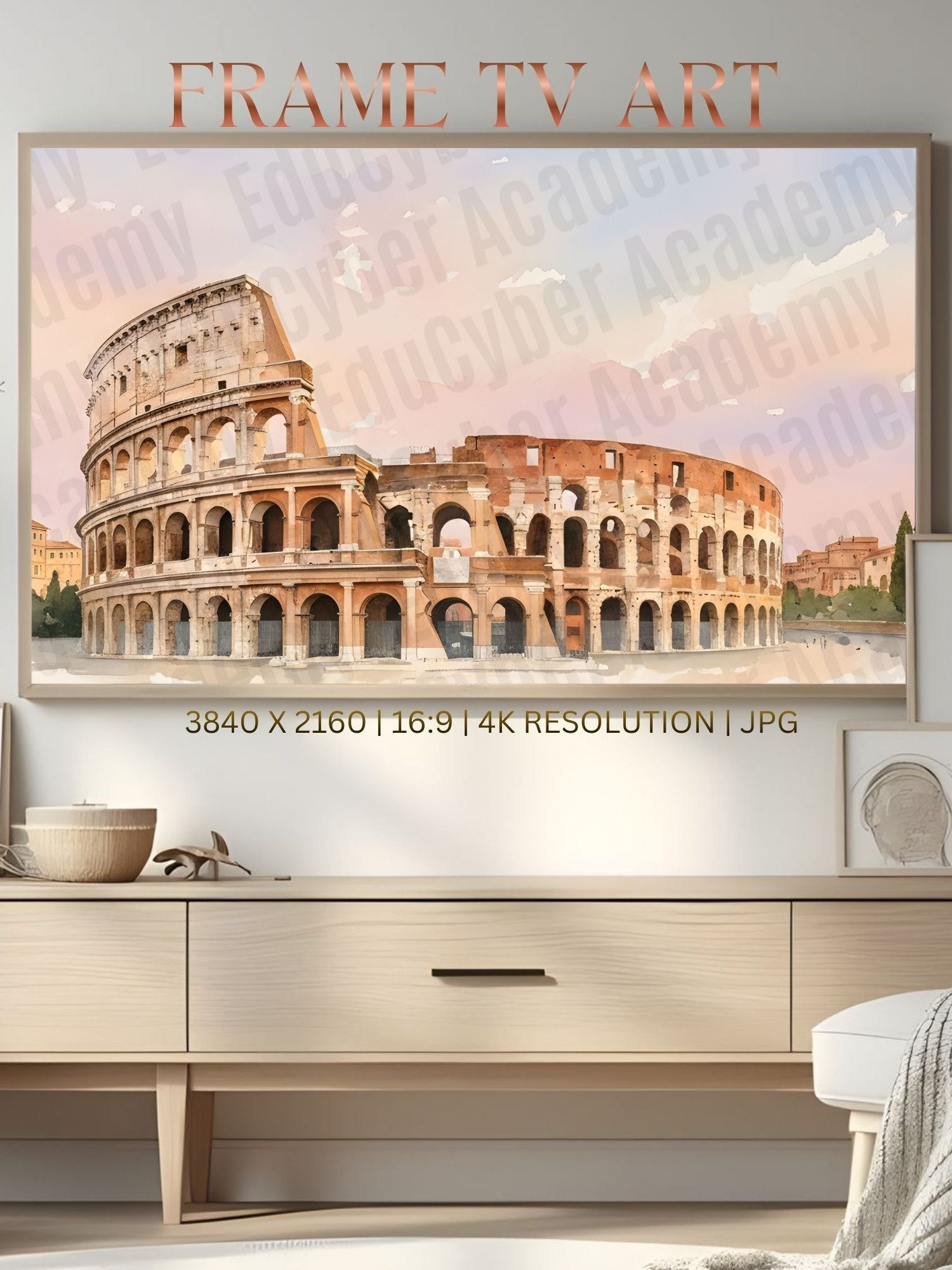 New 7 Wonders of the World Frame TV Art History of the Colosseum in Rome Italy Pastel Watercolor Desktop & Laptop Background Wallpaper Image (300 dpi) product image (1)