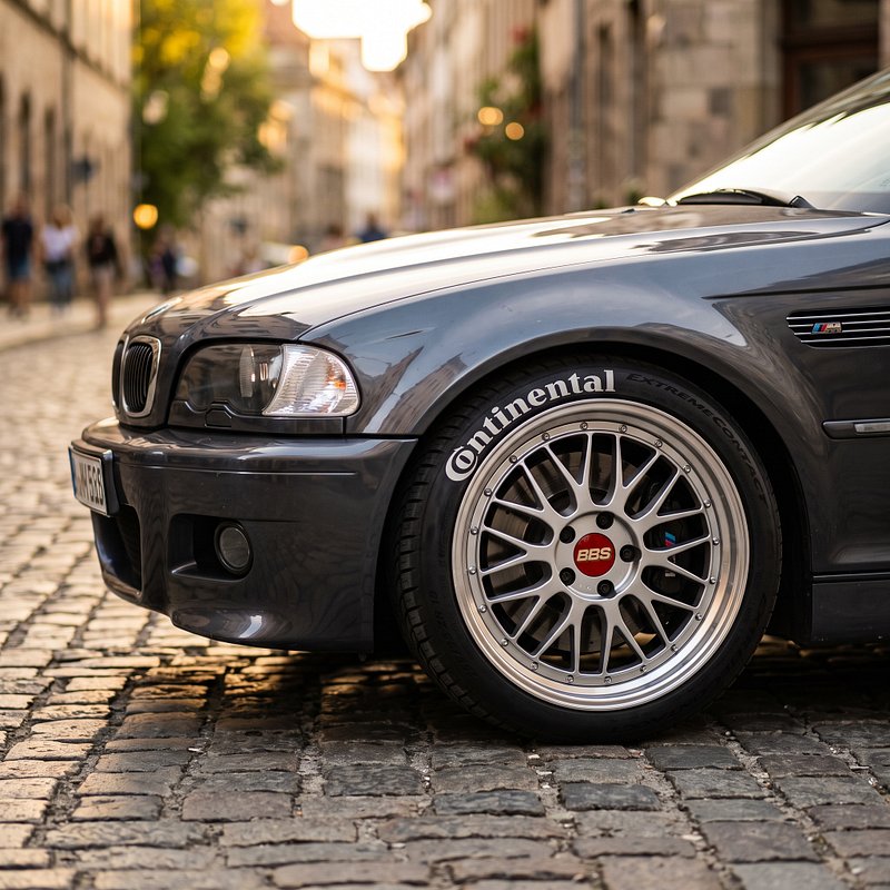 Grey BMW tire with Continental lettering painted white with Pimpen markers
