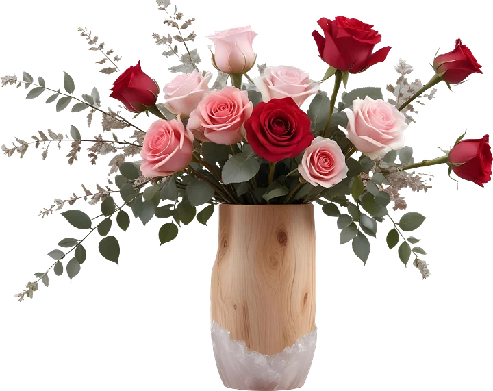 Tall Wooden and Rose Quartz Vase with Romantic Rose Arrangement PNG product image (1)