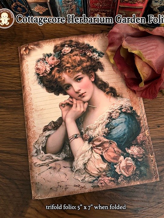 Victorian Steampunk Cottagecore Folio Printable Kit, 5x7 Trifold Herbarium Garden Journal Folders, 40+ Ephemera Cards & Steampunk Lace Pockets product image (1)
