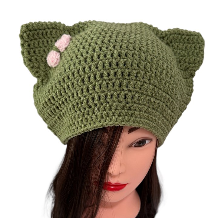 Winter Crochet Custom Cat Ear Beanie Olive Green with Light Pink bow - for kids 6 - 12yo product image (2)