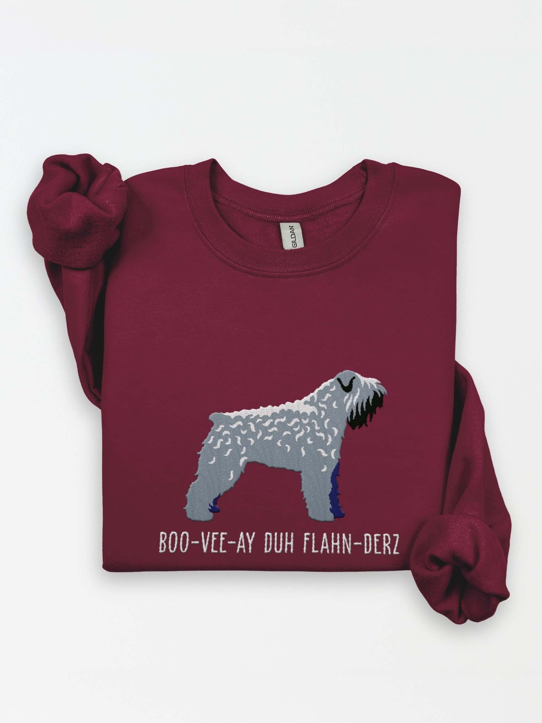 Boo-Vee-Ay Duh Flahn-Derz Sweatshirt (Embroidered) of a Bouvier Des Flandres(Salt & Pepper) product image (1)