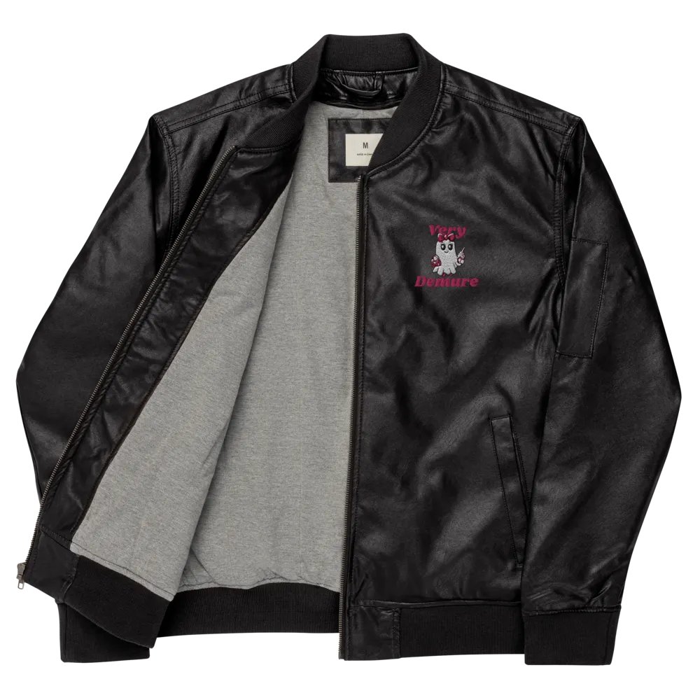 Very Demure Cute Ghost Embroidered Faux Leather Bomber Jacket product image (3)