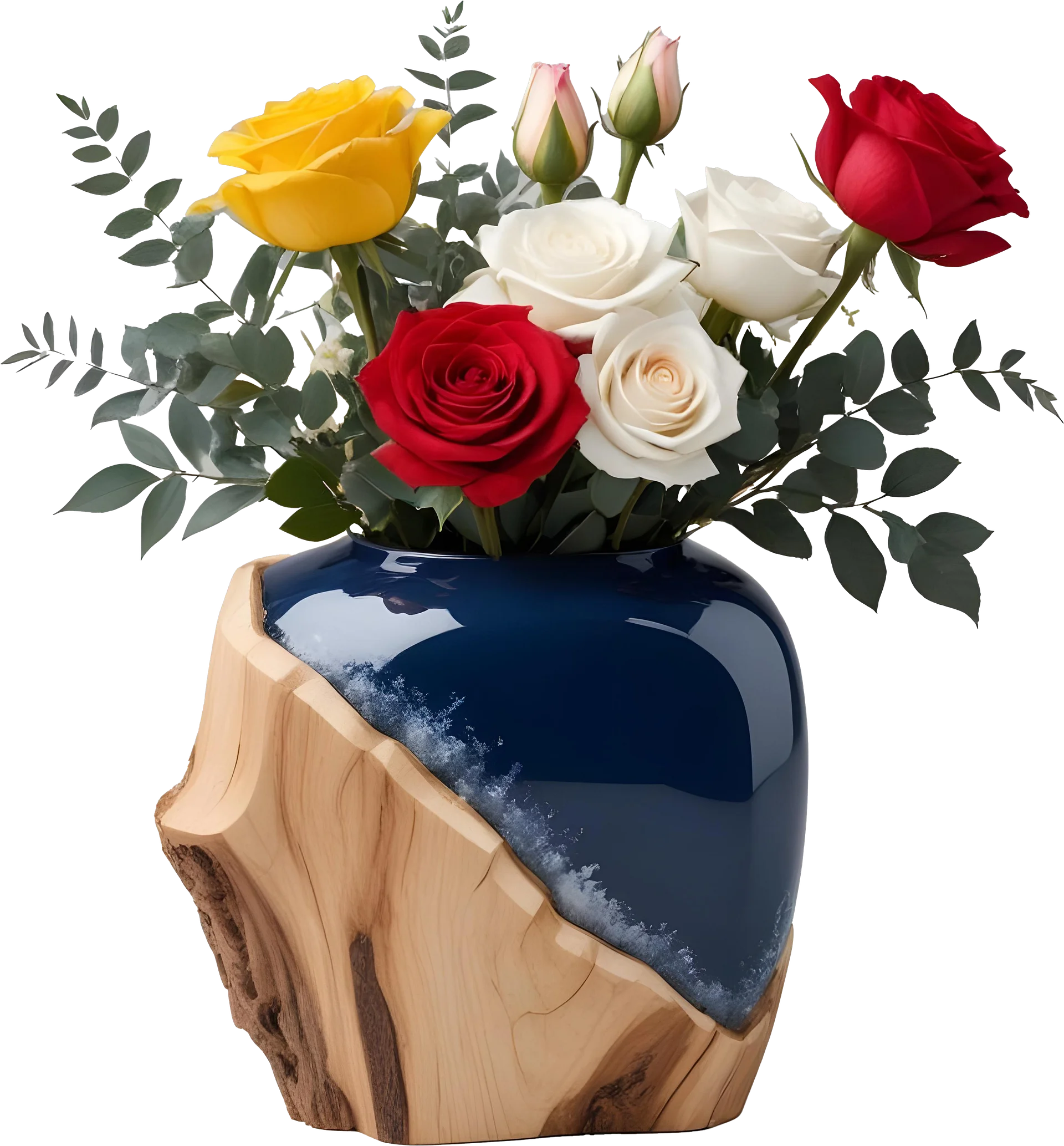 Eternal Charm – Wooden Elegance Vase with Roses PNG product image (1)