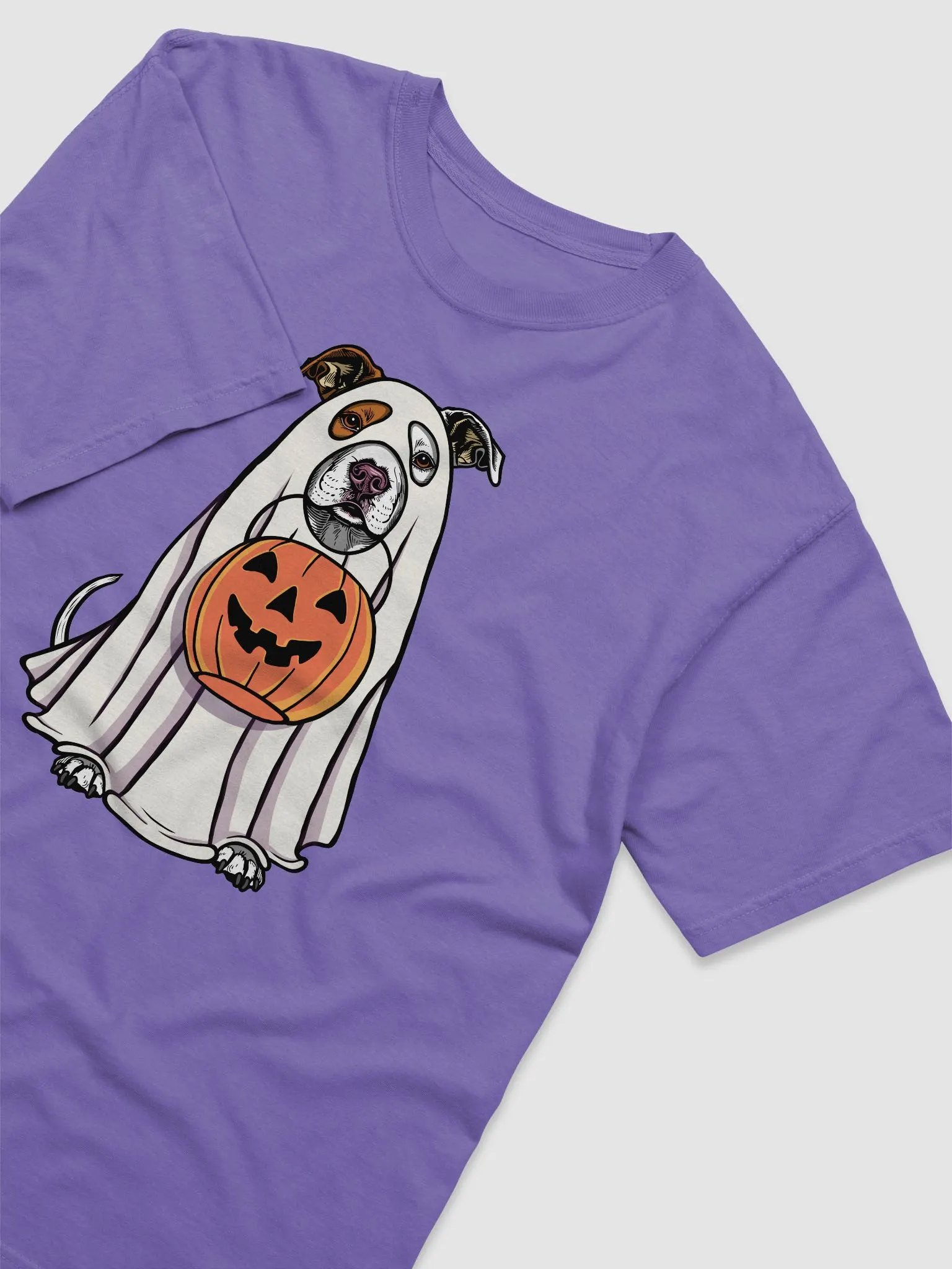 Funny Halloween Pitbull Terrier(White) T-Shirt | Funny Pittie Wearing a Ghost Costume and Holding a Pumpkin Basket product image (6)
