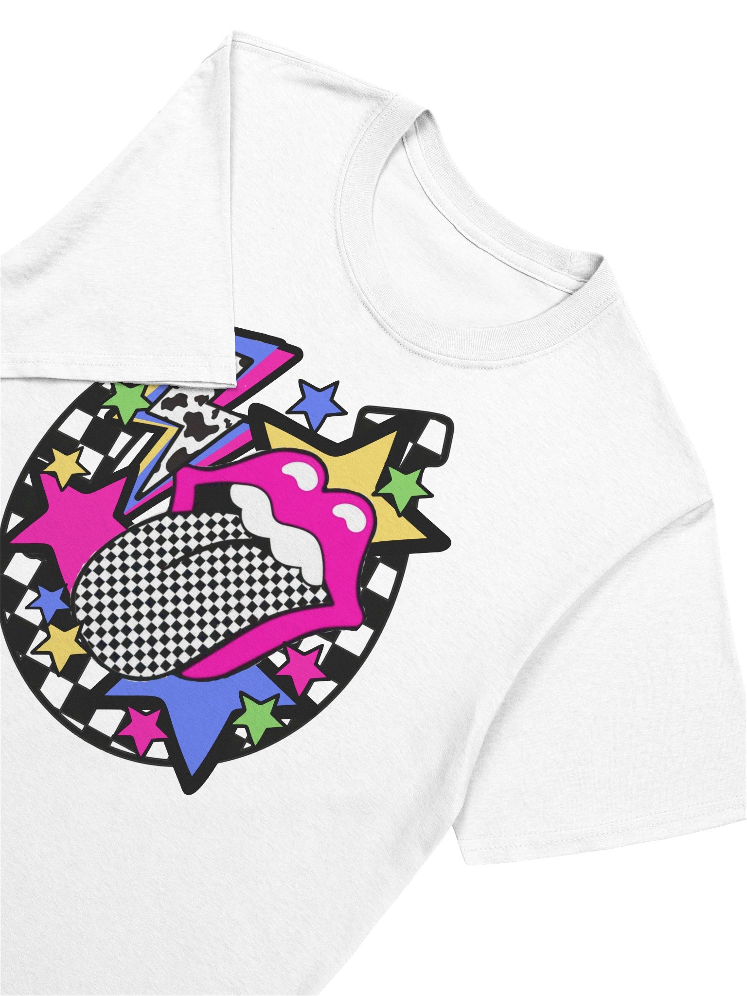 Retro Pop Art Checkered Tongue Neon Western Graphic Tee - Vibrant Y2K Style T-Shirt product image (6)