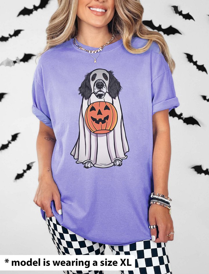 Funny Halloween Springer Spaniel(Black) T-Shirt | Funny Springer Spaniel Wearing a Ghost Costume and Holding a Pumpkin Basket product image (2)