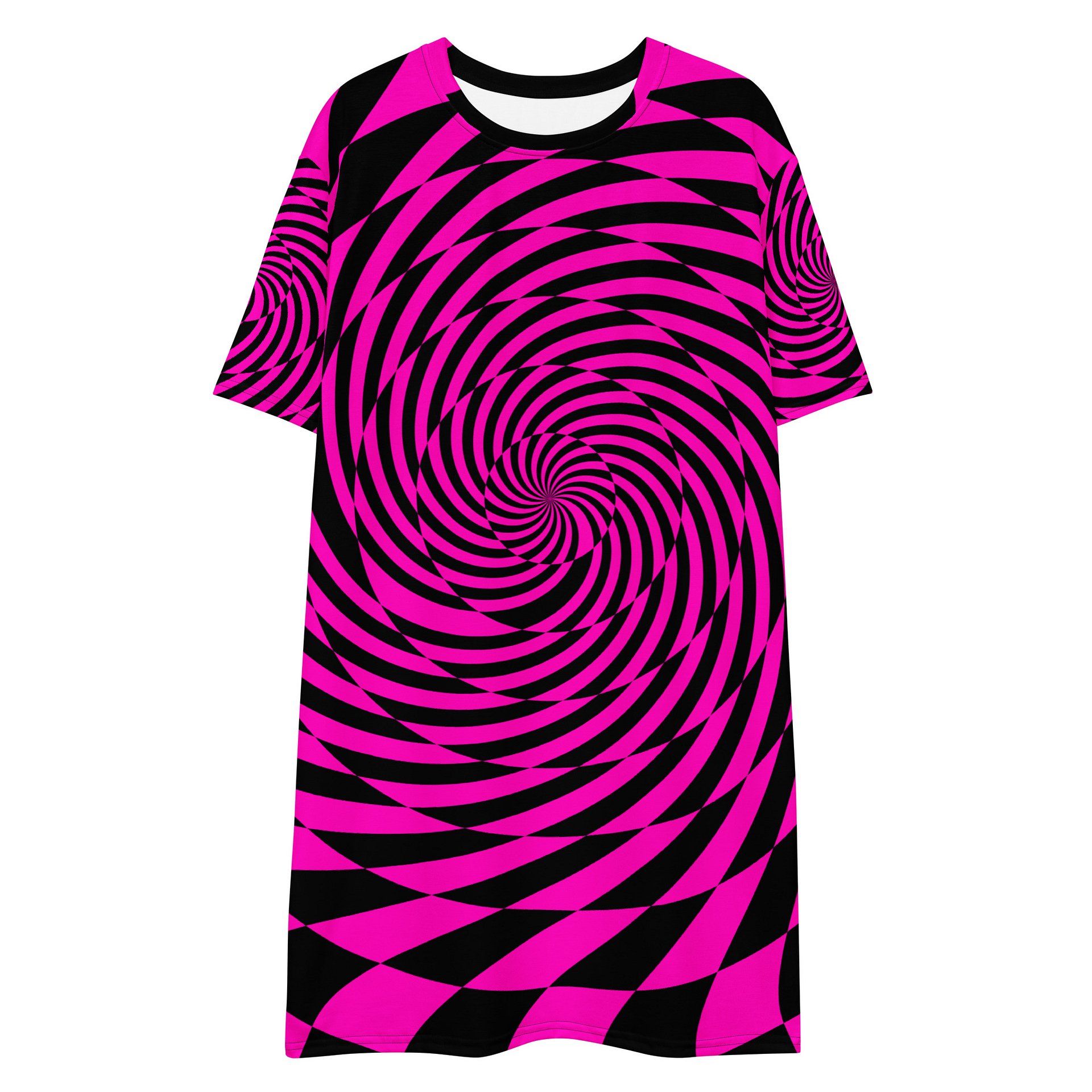 Psychedelic Spirals T-Shirt Dress, Trippy Techno Rave Outfit, EDM Festival Fashion, Black Hot Pink Twisted Checkers Clothing product image (4)