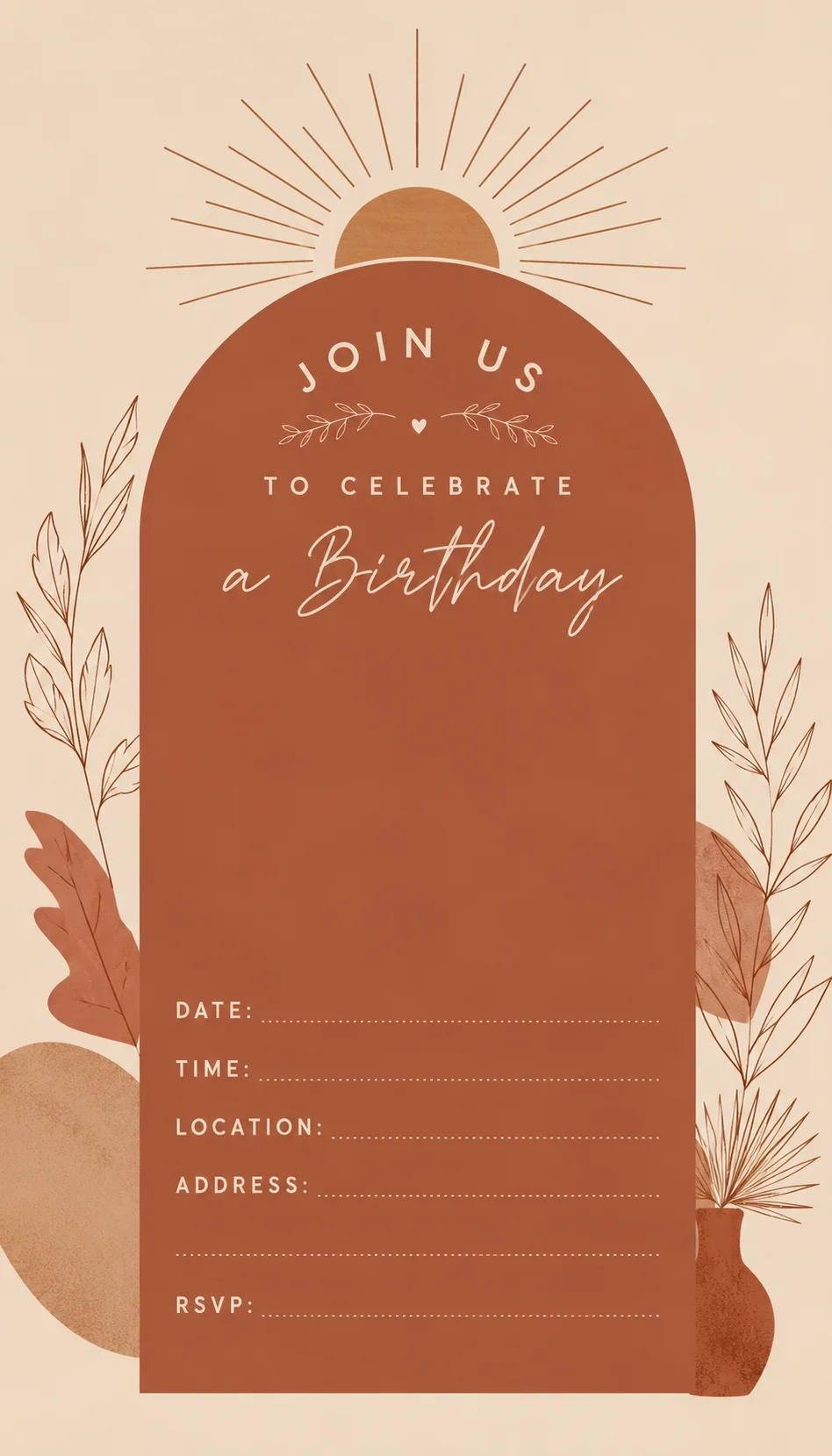 Terracotta Boho Birthday Invitation Template, Editable Canva Invite, Modern Arch Birthday Invitation, Printable Digital Download product image (1)