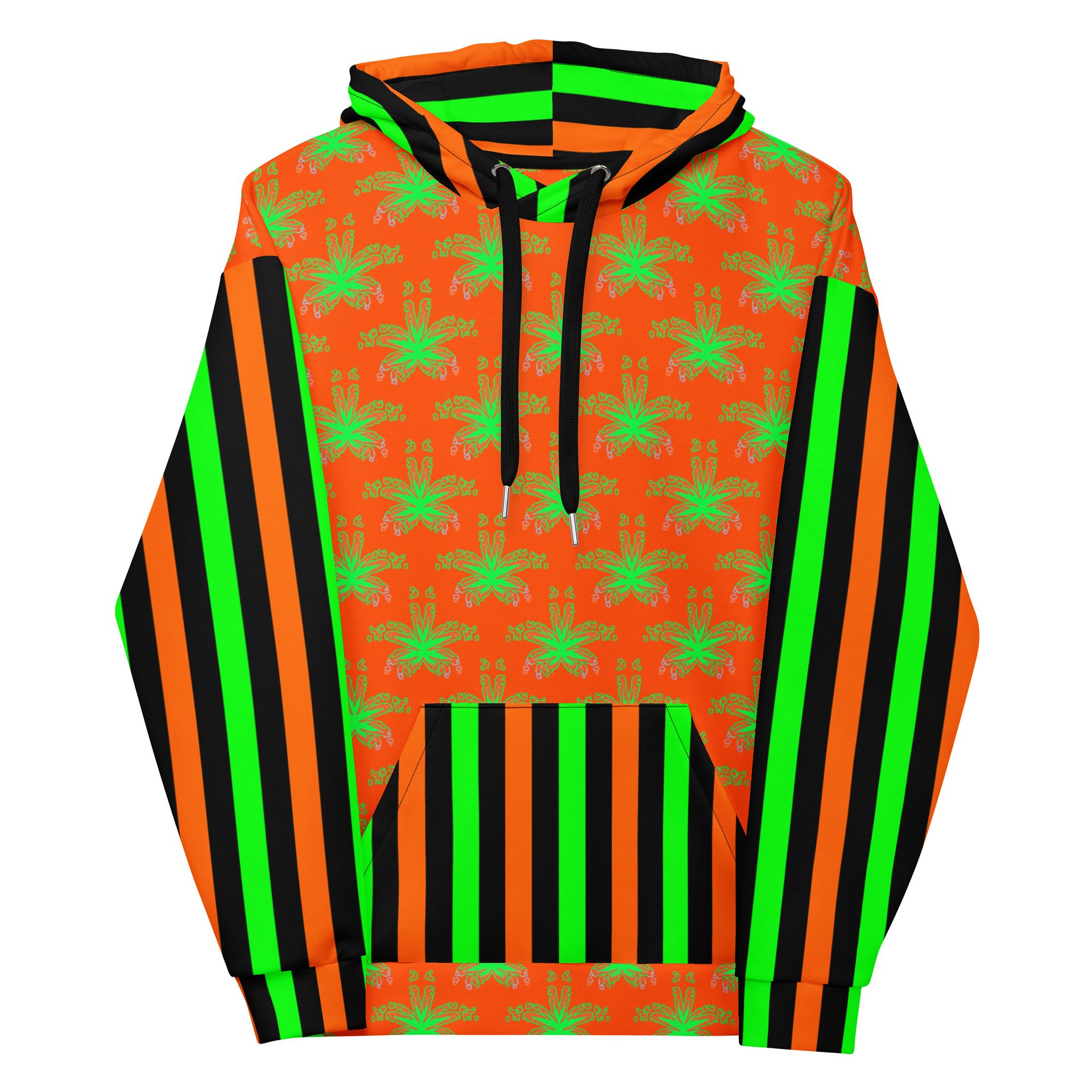 Weed Halloween Hoodie, Cannabis Circus Stripe Clowncore Clothing, Pot Leaf 420 Fall Festival Fashion, Black Orange Neon Green Stoner Clothes product image (1)