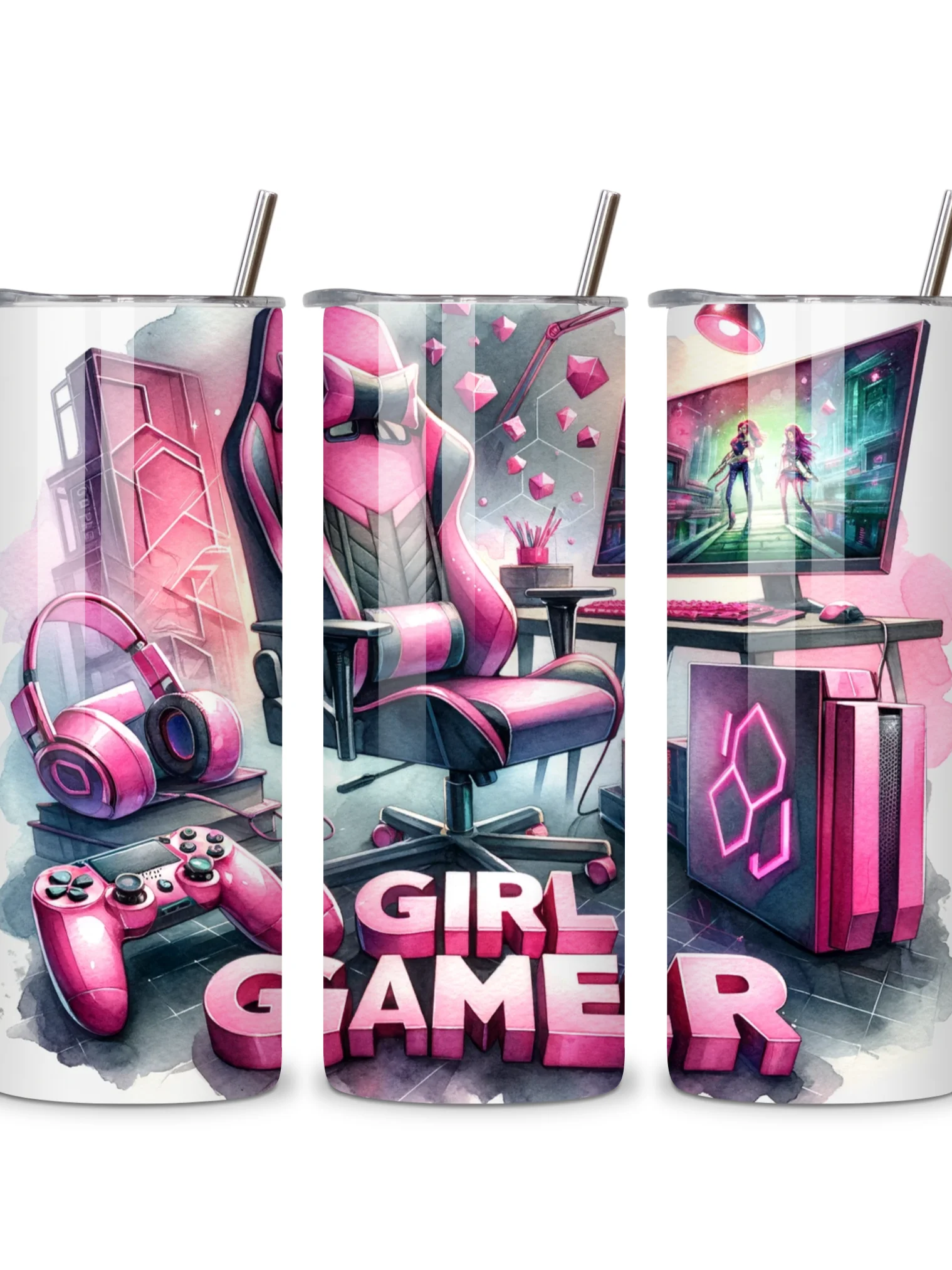 Girl Gamer 20oz Skinny Tumbler with Metal Straw – Pink Gaming Setup Design with Controller and Headset – Double-Walled Insulated Stainless Steel Tumbler for Hot & Cold Drinks product image (4)