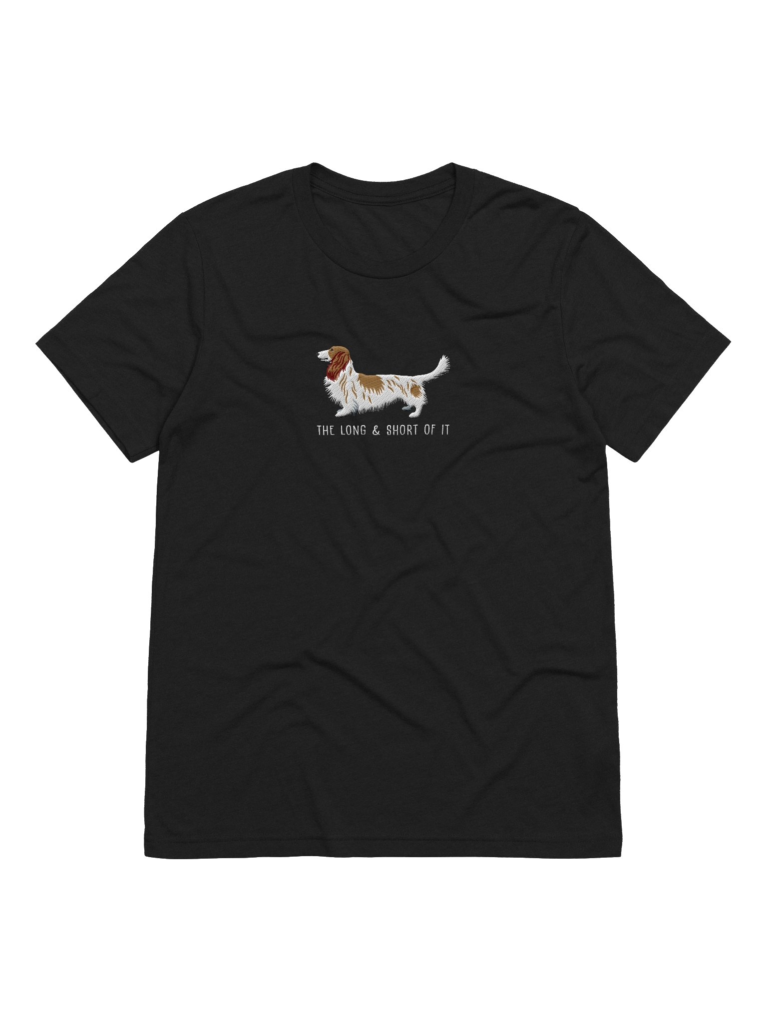 The Long & Short of It T-Shirt(Embroidered) of a Longhaired Dachshund(Pied Brown & White) product image (2)