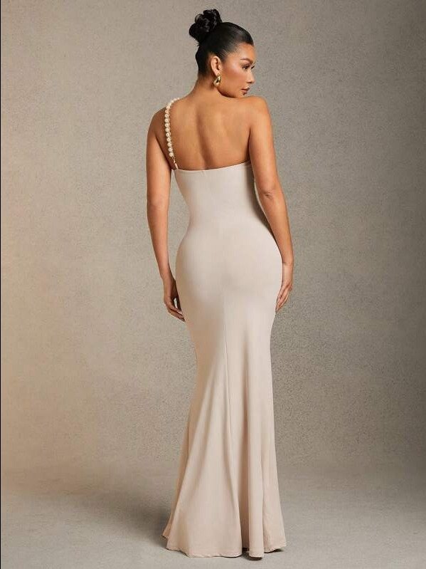 legant Beige Jersey Faux Pearl Embellished Bustier Mermaid Maxi Dress, Women Dresses, Prom Dress, Part Women Dresses, Wedding Dress, Elegant Women Dresses product image (7)